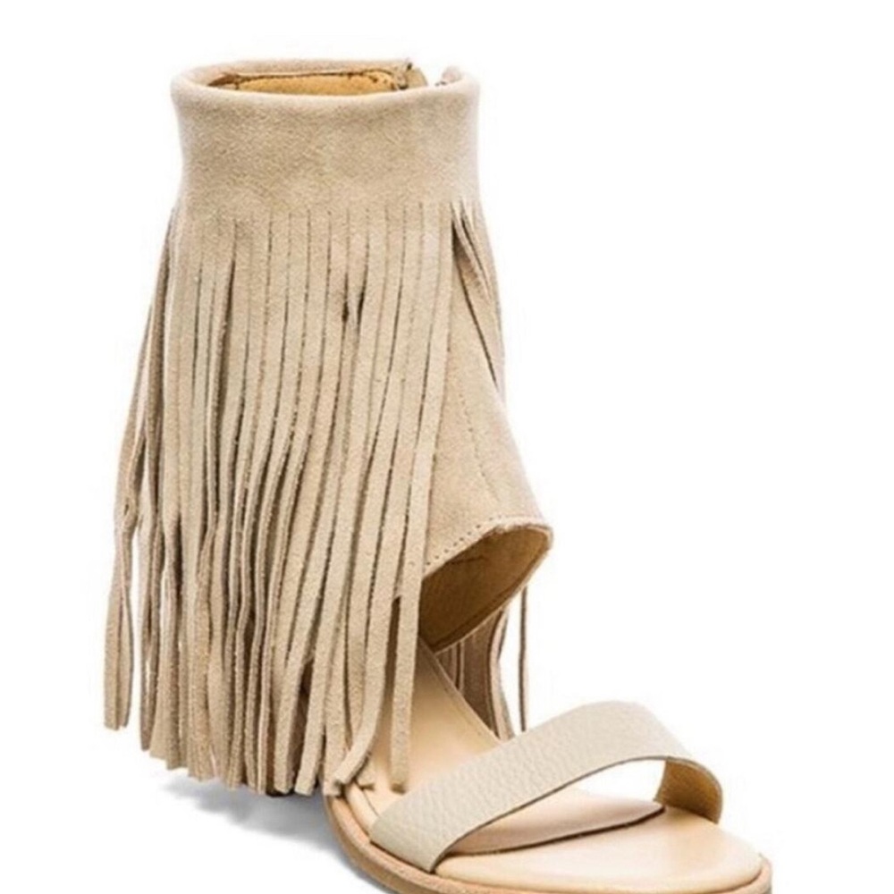Koolaburra Fringe Sandals Tan Piaz II Boho Suede Cut Cuff Heeled Sz 7.5